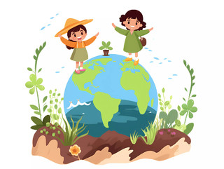 世界地球日小朋友爱护地球保护环境插画